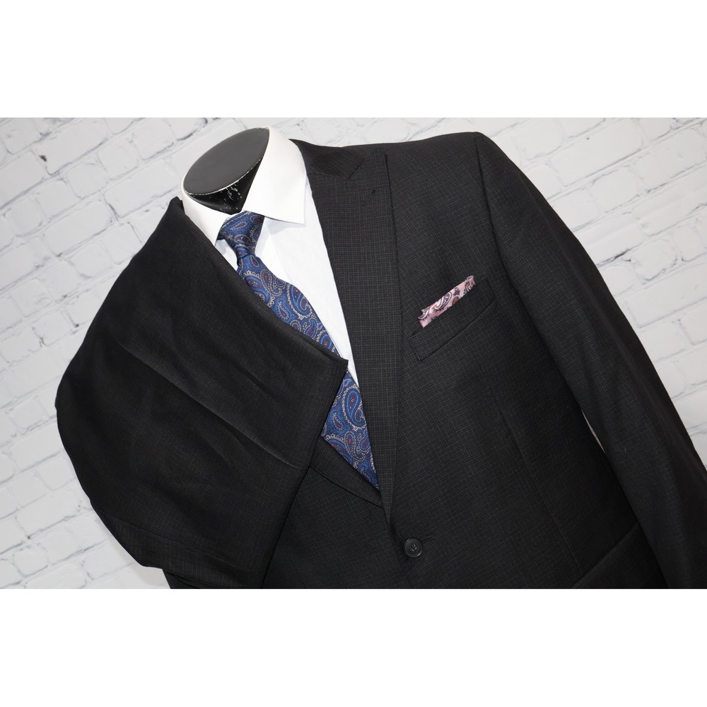 Jos. A. Bank Suit Men 44 Reg Black Gray Check 2Btn Notch Lapel Wool Pants 36x31